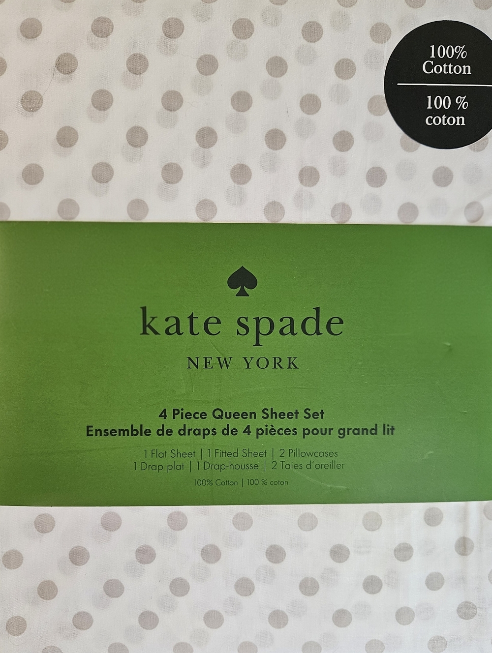 NWT - Kate Spade Polka Dot Queen Sheet Set - Taupe on Cream